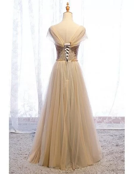 Luxe Champagne Tulle Flowy Gold Prom Dress With Beading
