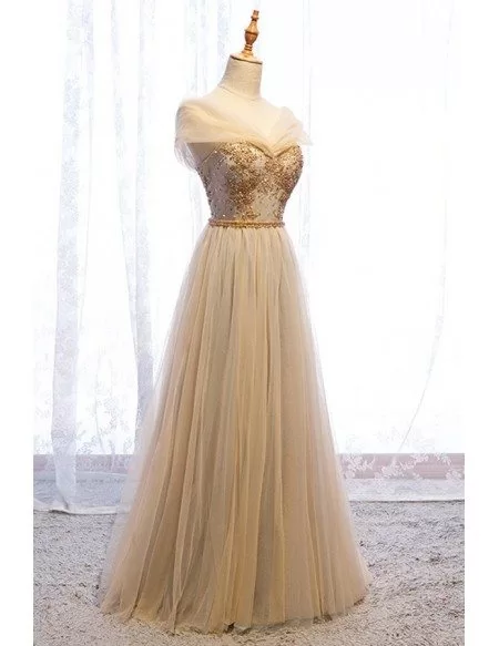 Luxe Champagne Tulle Flowy Gold Prom Dress With Beading
