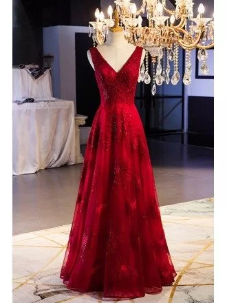 Burgundy Red Vneck Long Lace Evening Dress With Open Back