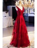 Burgundy Red Vneck Long Lace Evening Dress With Open Back
