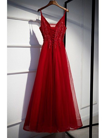 Illusion Deep Vneck Long Tulle Prom Dress With Spaghetti Straps
