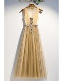 Beaded High Neck Flowy Tulle Prom Dress With Sheer Vneck