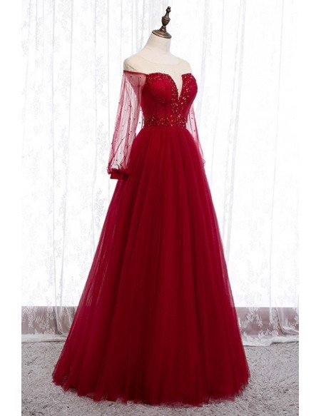 Gorgeous Long Tulle Sleeve Party Dress With Sheer Neck