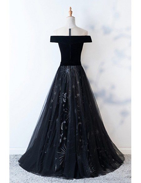 Mistery Long Black Prom Dress With Patterns Off Shoulder