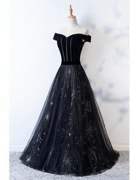 Mistery Long Black Prom Dress With Patterns Off Shoulder