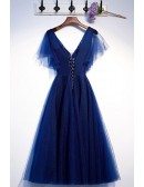 Navy Blue Long Tulle Aline Prom Party Dress With Puffy Sleeves