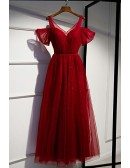 Gorgeous Bubble Sleeves Burgundy Party Dress Long Tulle