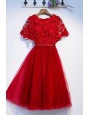 Elegant Short Red Lace Tulle Party Dress With Cape