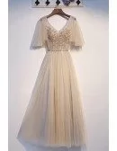 Graceful Light Champagne Long Prom Dress Vneck With Puffy Sleeves