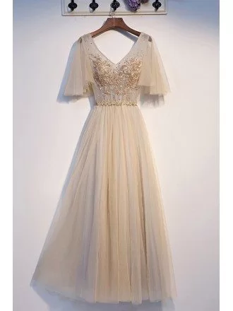 Graceful Light Champagne Long Prom Dress Vneck With Puffy Sleeves