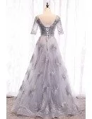 Silver Long Grey Evening Prom Dress With Bing Sleeves