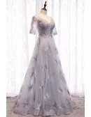 Silver Long Grey Evening Prom Dress With Bing Sleeves