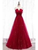 A Line Long Tulle Formal Dress Burgundy With Bling Sequins
