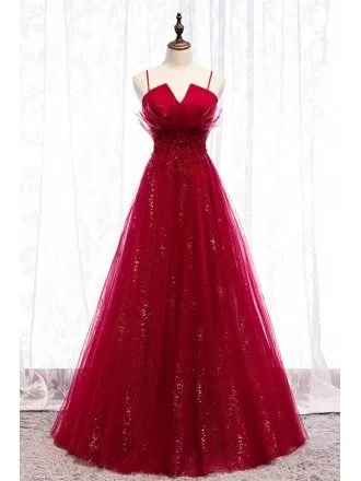 A Line Long Tulle Formal Dress Burgundy With Bling Sequins