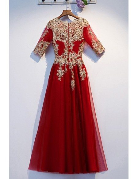 Burgundy Long Tulle Formal Dress With Gold Embroidery Sleeves