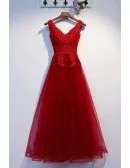 Lace Top Vneck Burgundy Aline Prom Dress With Tulle