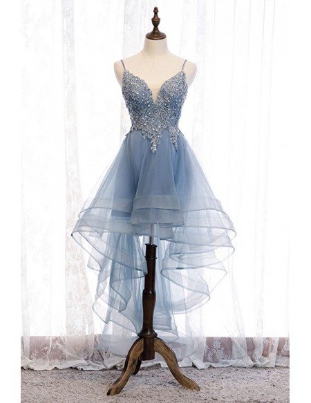 Dusty Blue High Low Prom Party Dress With Beaded Ruffles