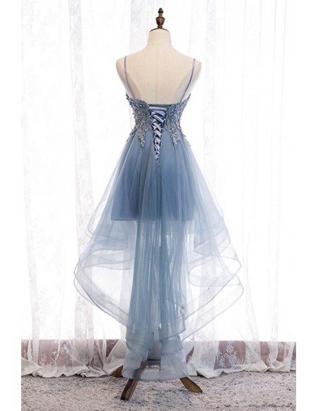 Dusty Blue High Low Prom Party Dress With Beaded Ruffles