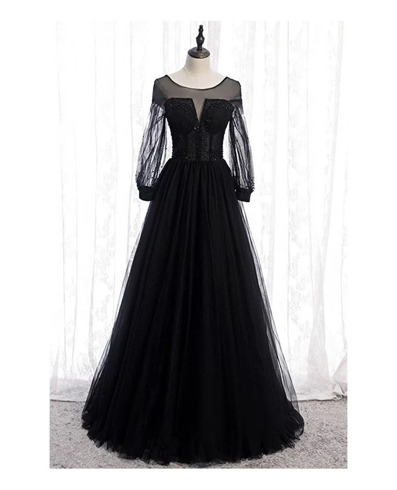 Formal Black Tulle Evening Dress With Long Sleeves Myx78086 5097