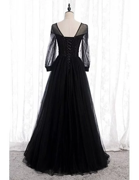 Formal Black Tulle Evening Dress With Long Sleeves