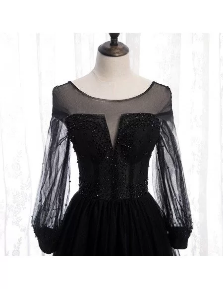 Formal Black Tulle Evening Dress With Long Sleeves