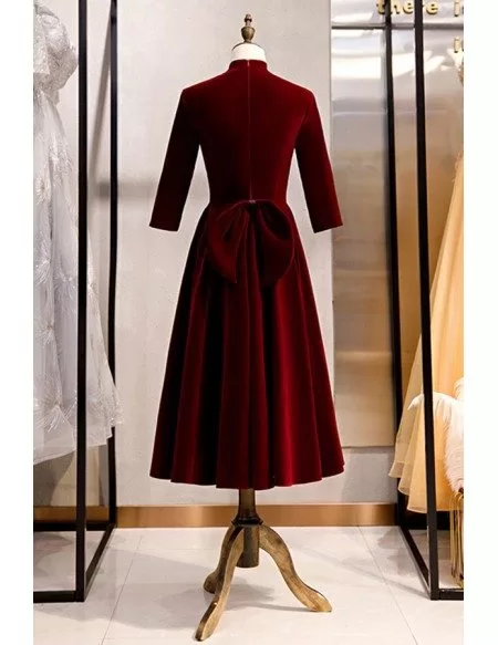 Modest Burgundy Tea Length Formal Dress Velvet With Sleeves