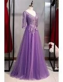Purple Long Tulle Vneck Prom Dress With Appliques Sleeves