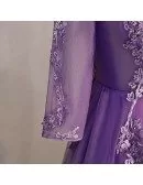 Purple Long Tulle Vneck Prom Dress With Appliques Sleeves