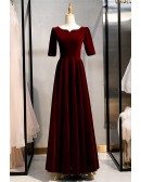 Burgundy Long Red Velvet Retro Formal Dress With Sleeves