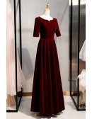 Burgundy Long Red Velvet Retro Formal Dress With Sleeves