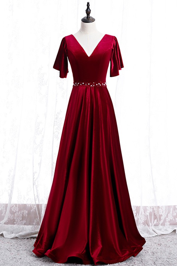 flowy long velvet evening dress vneck with sleeves #MYX78036 - GemGrace.com