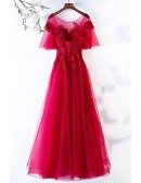 Aline Long Lace Burgundy Prom Party Dress With Puffy Sleeves