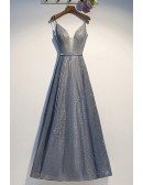 Bling Silver Long Prom Dress Aline With Spaghetti Straps