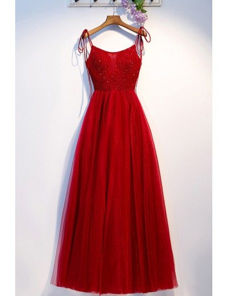 Burgundy Long Red Aline Party Dress With Beading Straps