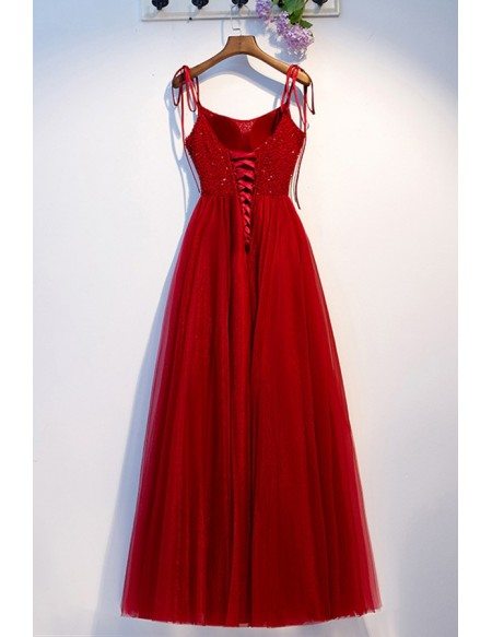Burgundy Long Red Aline Party Dress With Beading Straps