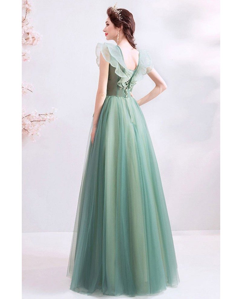 Unique Formal Green Tulle Prom Dress With Flowers Vneck