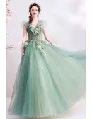 Unique Formal Green Tulle Prom Dress With Flowers Vneck Cap Sleeves