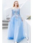 Gorgeous Blue Bubble Sleeve Tulle Prom Dress Off Shoulder With Flowers