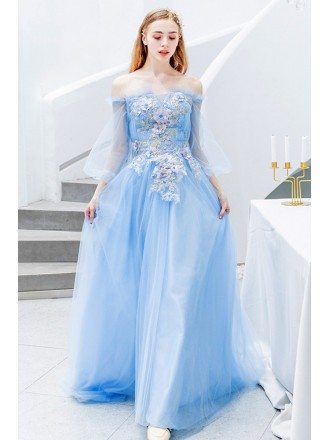 Gorgeous Blue Bubble Sleeve Tulle Prom Dress Off Shoulder With Flowers
