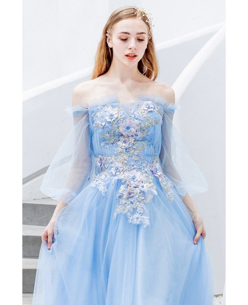 Gorgeous Blue Bubble Sleeve Tulle Prom Dress Off Shoulder With Flowers ...