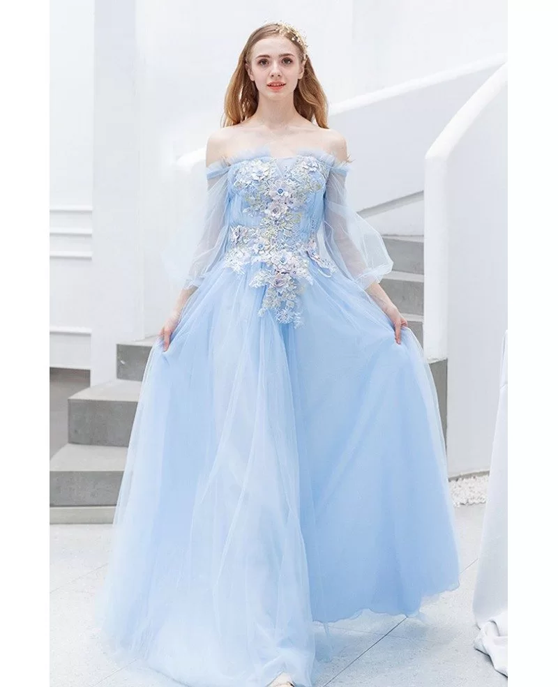 Gorgeous Blue Bubble Sleeve Tulle Prom Dress Off Shoulder With Flowers ...