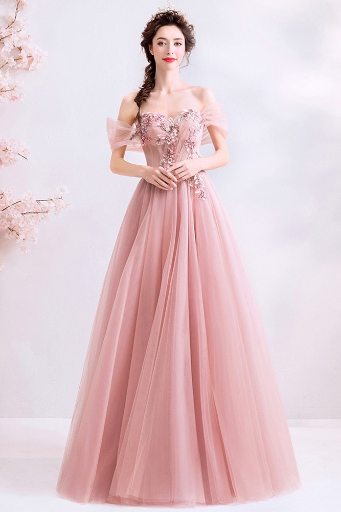 Stunning Dusty Pink Off-the-Shoulder Evening Dress Long Tulle With Flowers main image 1