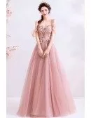 Dusty Pink Tulle Romantic Aline Prom Dress Off Shoulder With Petals