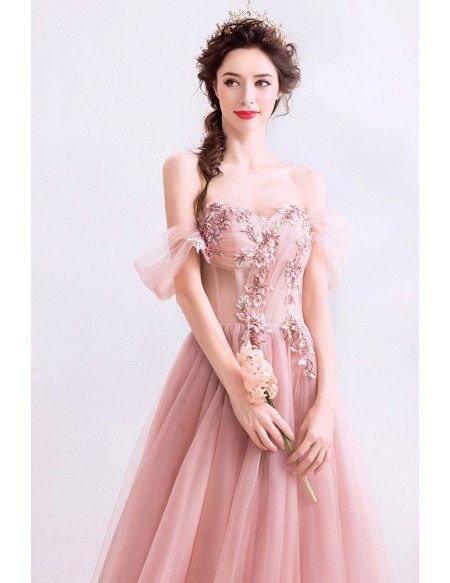 Dusty Pink Tulle Romantic Aline Prom Dress Off Shoulder With Petals