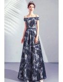 Off Shoulder Navy Blue Prom Dress Long With Leaf Patterns