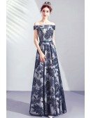 Off Shoulder Navy Blue Prom Dress Long With Leaf Patterns