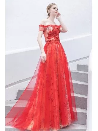 Red Sparkly Flowers Long Tulle Party Dress With Off Shoulder