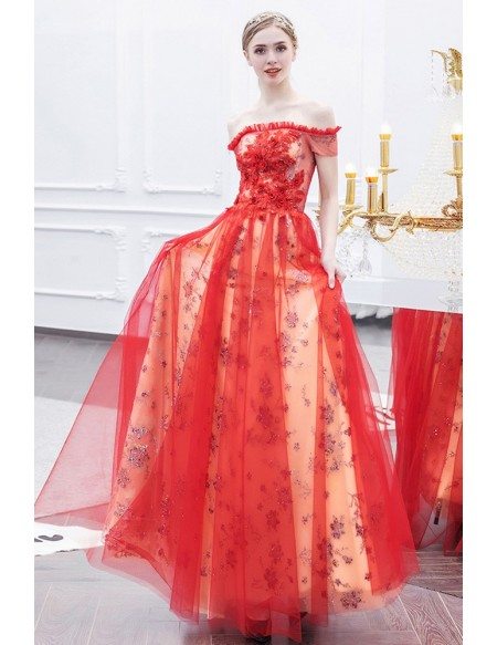 Red Sparkly Flowers Long Tulle Party Dress With Off Shoulder