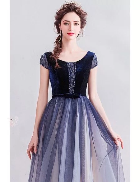 Modest Cap Sleeve Ombre Blue Tulle Prom Dress With Beading