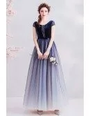 Modest Cap Sleeve Ombre Blue Tulle Prom Dress With Beading